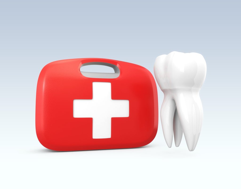 Red first aid bag with tooth